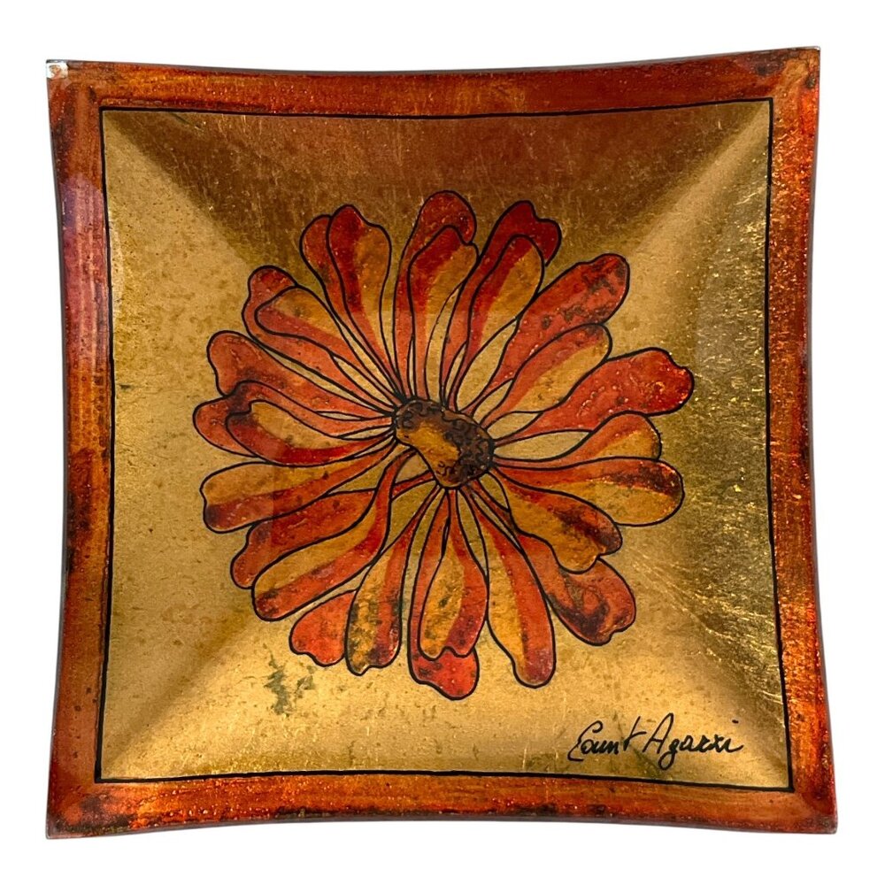 Vintage Count Agassi Hand-Painted Glass Dish – Gold Foil Floral Tray – Mid-Centu